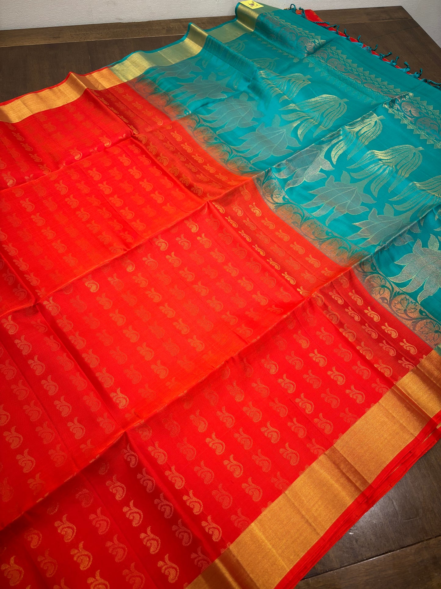 Orange and Tiffany Blue Kanchipuram Silk Saree