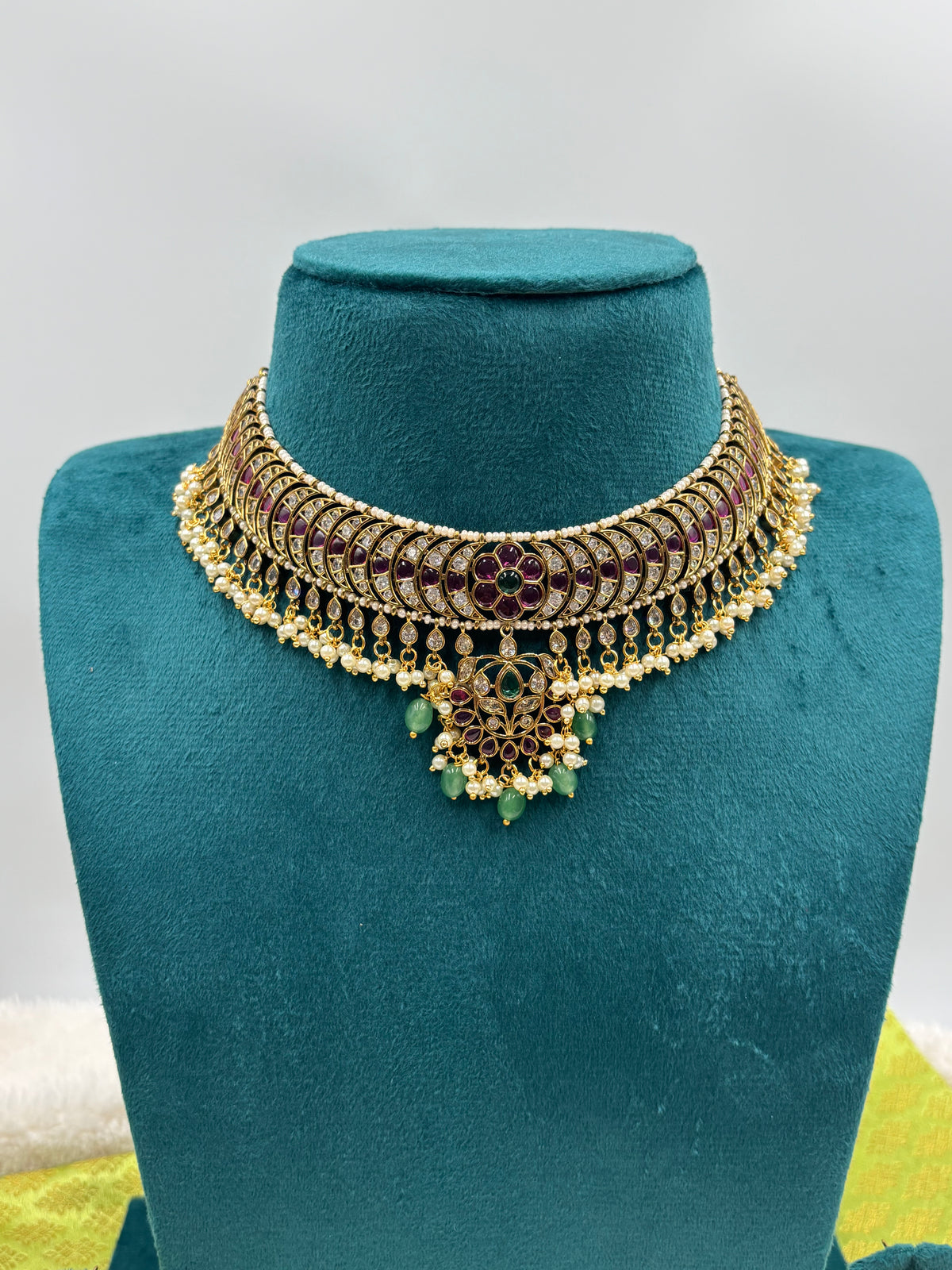 Heritage Kemp Stone Necklace Set with Ruby, Emerald & Pearl Accents
