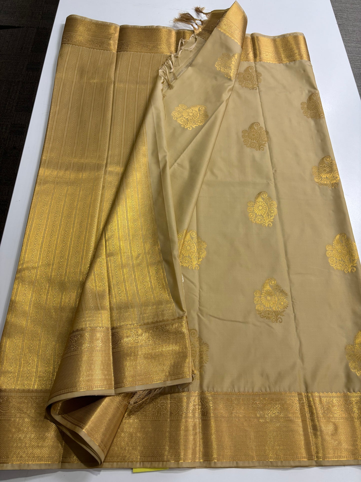Elegant Beige Semi Silk Saree with Traditional Mango Butta