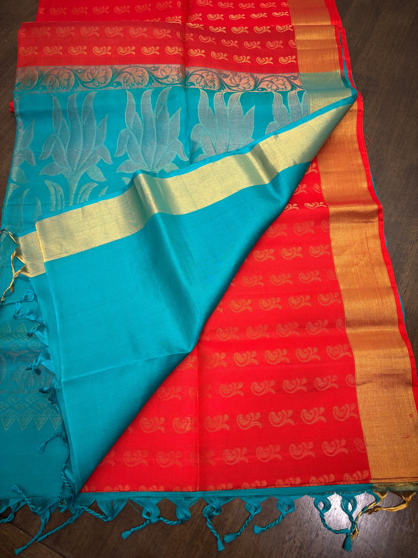 Orange and Tiffany Blue Kanchipuram Silk Saree