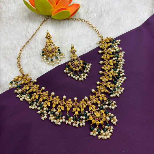 Timeless Grace – Premium Kuttapusalu Necklace Set with Green Beads