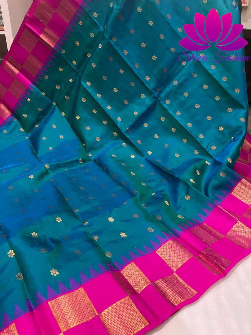 Peacock Blue With Rani Pink Colour Combination Kanchipuram Silk Saree