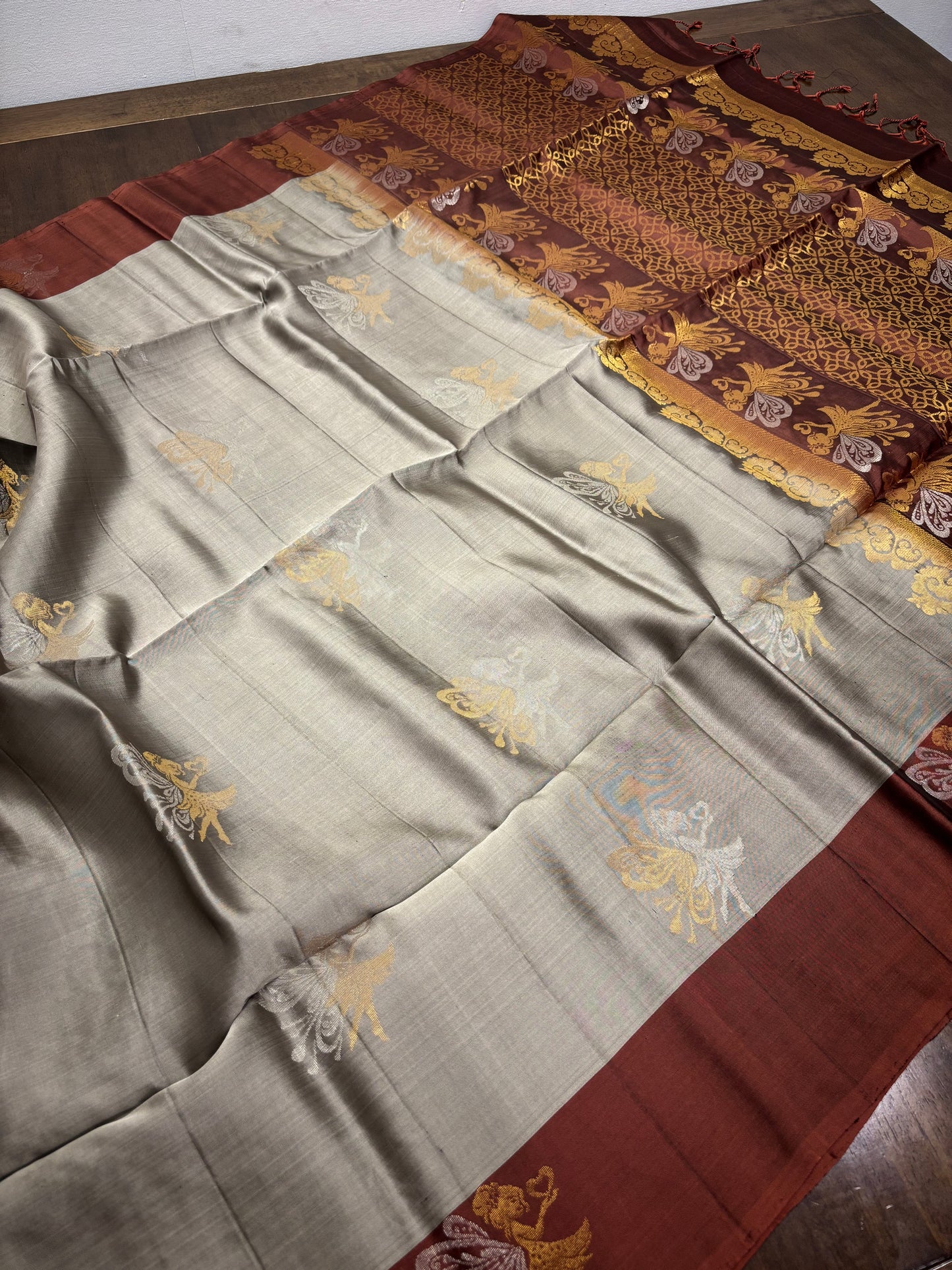 Grey and Brown Kanchipuram Silk Saree with Angel Butta