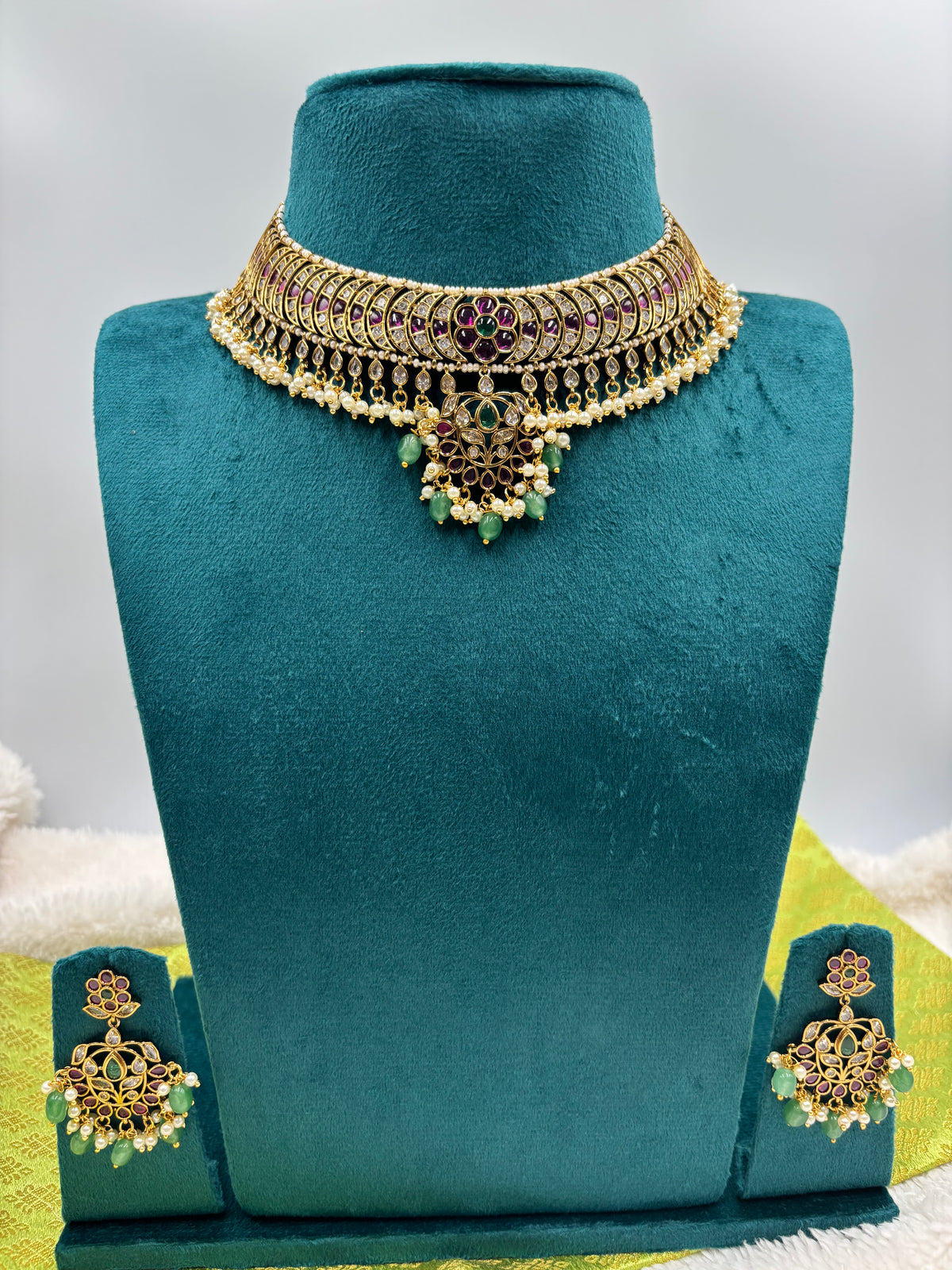 Heritage Kemp Stone Necklace Set with Ruby, Emerald & Pearl Accents