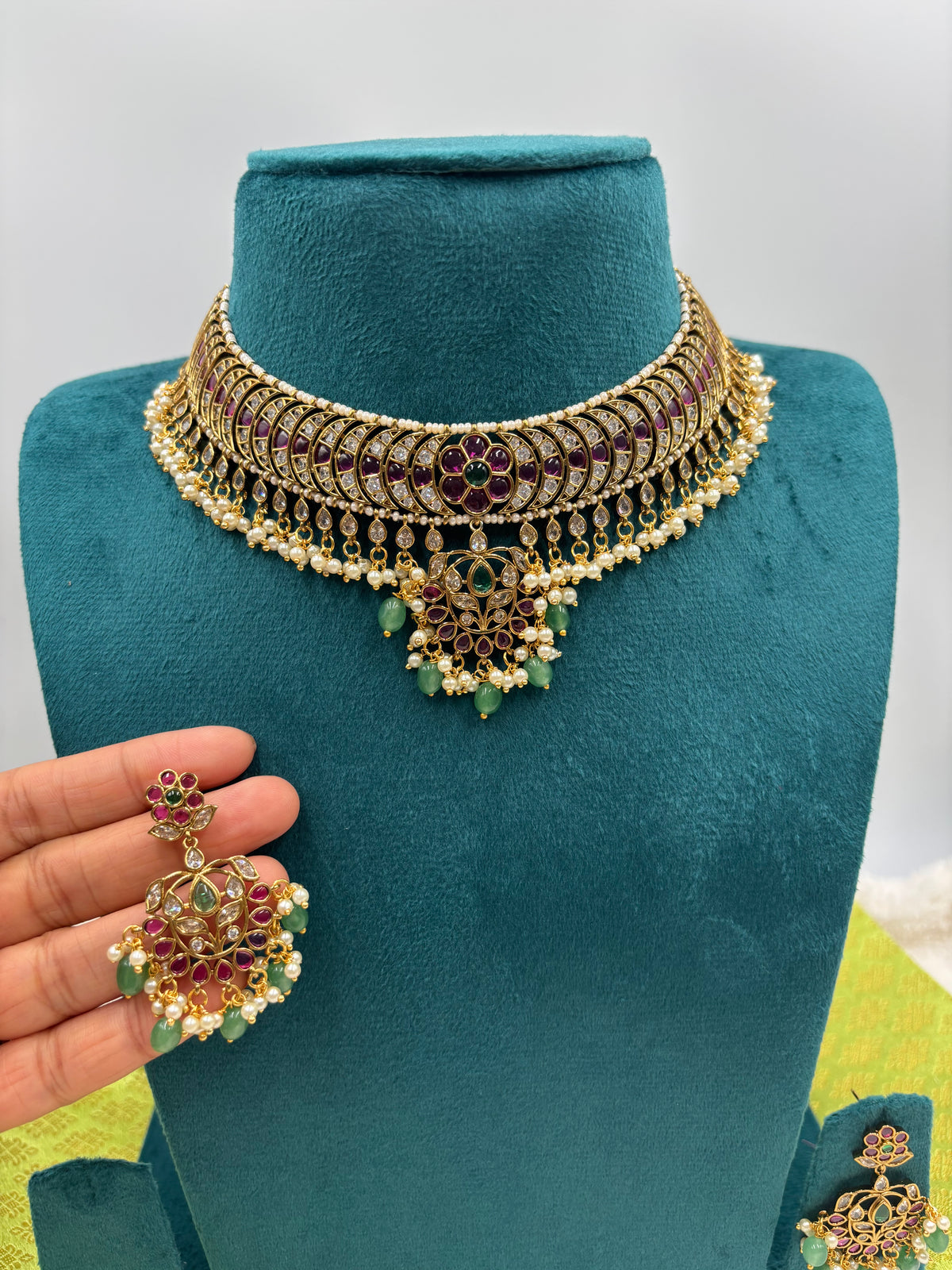 Heritage Kemp Stone Necklace Set with Ruby, Emerald & Pearl Accents