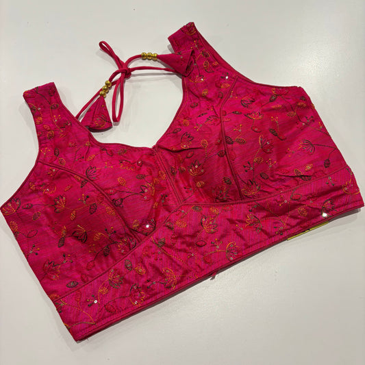 Rani Pink Readymade Blouse with Gold Embroidery & Attached Sleeve Fabric