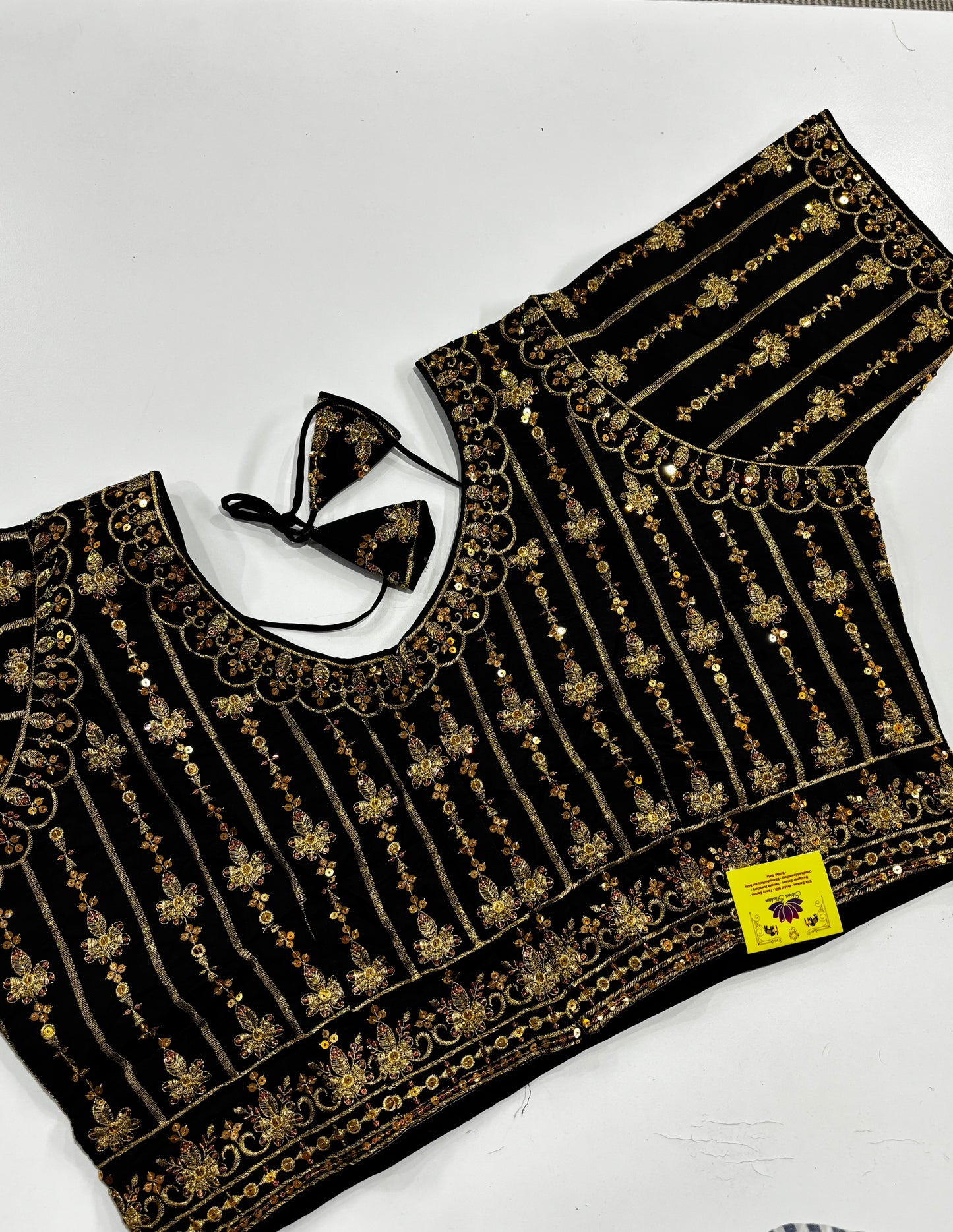 Elegantly Detailed Plus Size Black Traditional Embroidered Silk Saree Blouse with Gold Thread Work & Back Tassels | Shrees Fashion