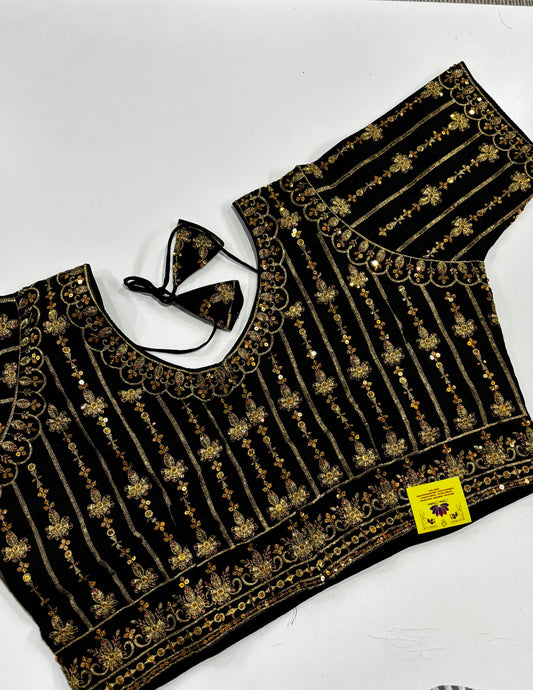 Elegantly Detailed Plus Size Black Traditional Embroidered Silk Saree Blouse with Gold Thread Work & Back Tassels | Shrees Fashion