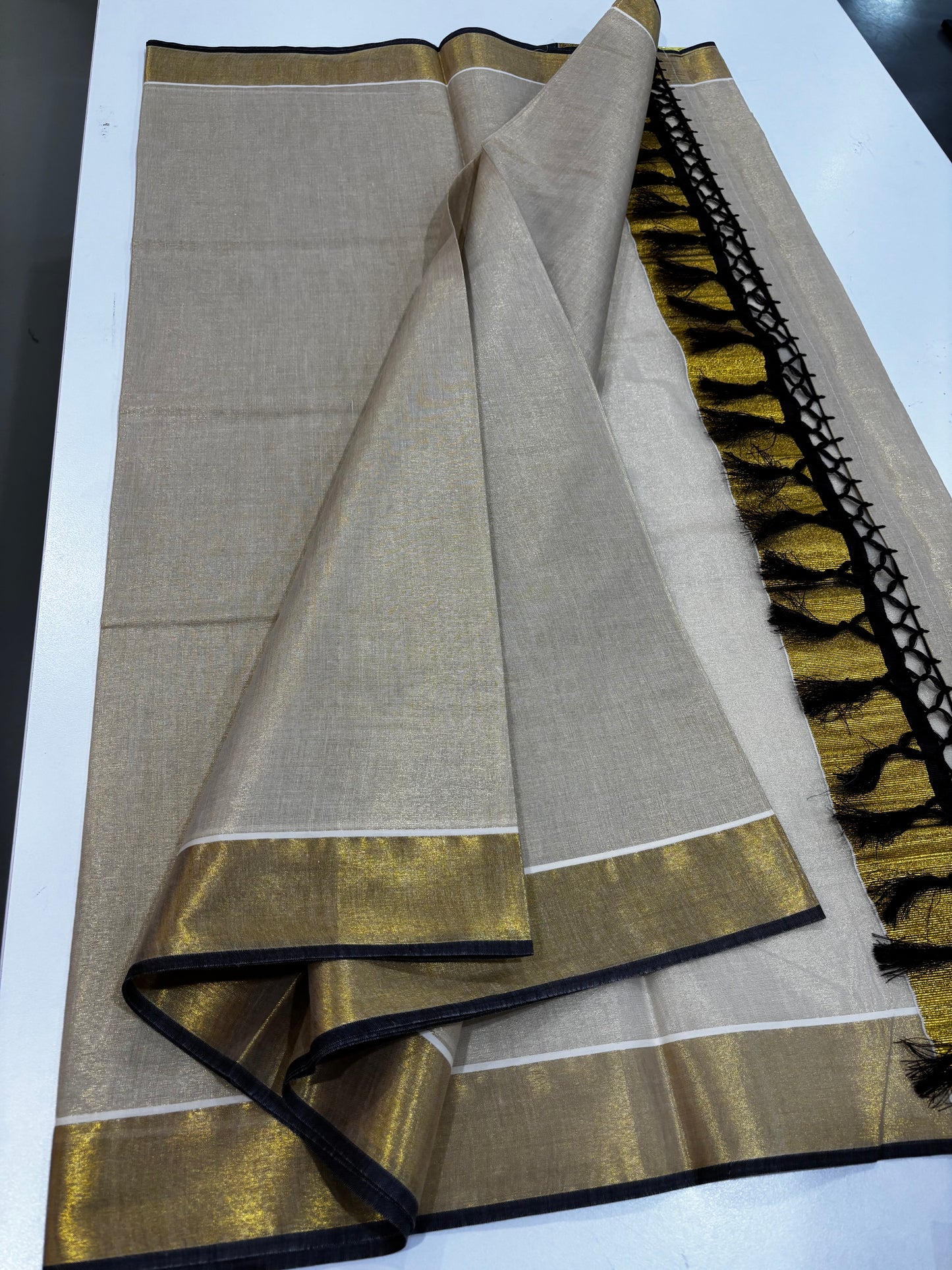 Kerala Kasavu tissue silk saree with coffee brown border and tassels – view 3