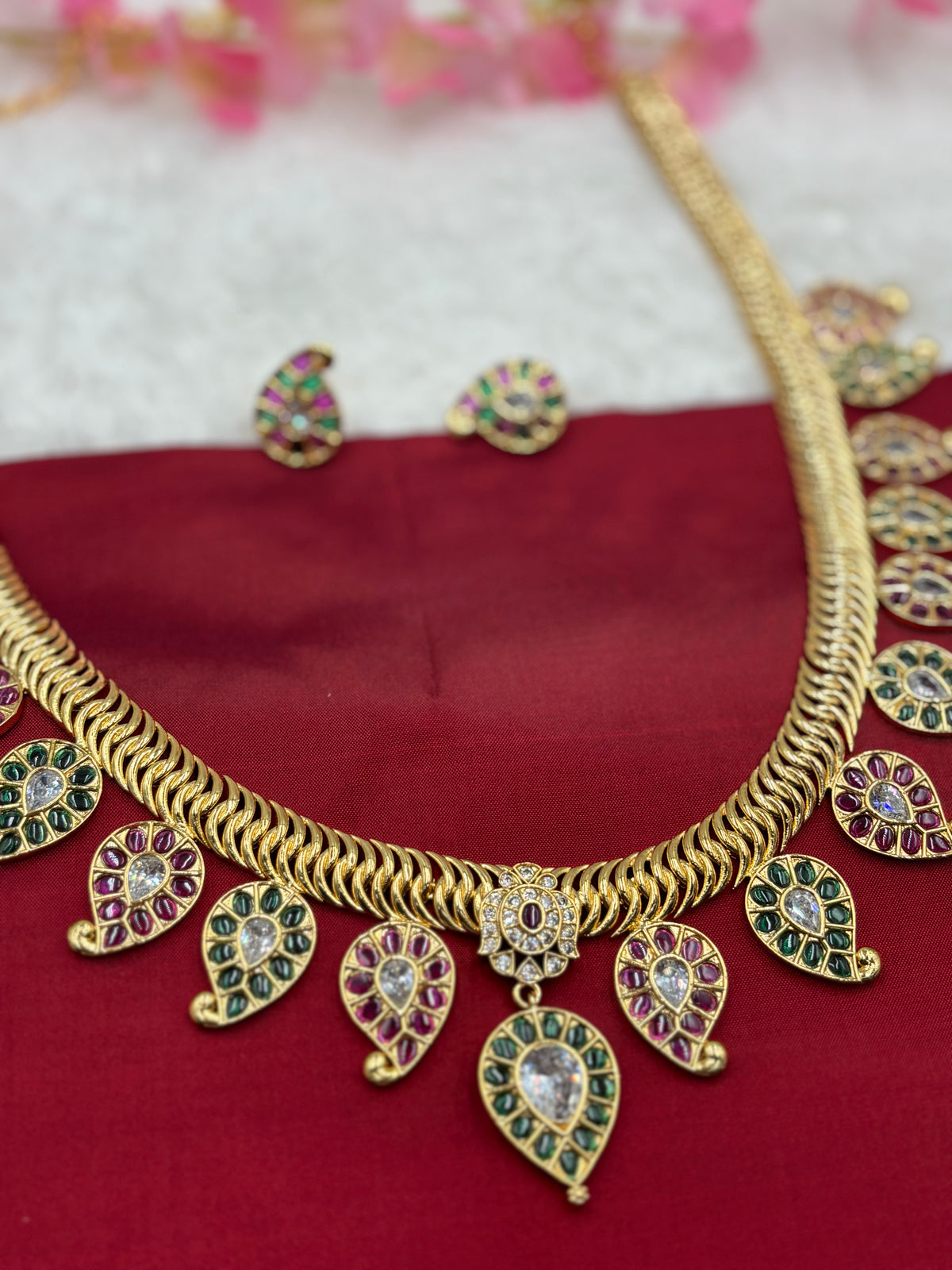 Gold Mango Design Long Haram Set with Green & Pink Kemp Stones – Traditional South Indian Style