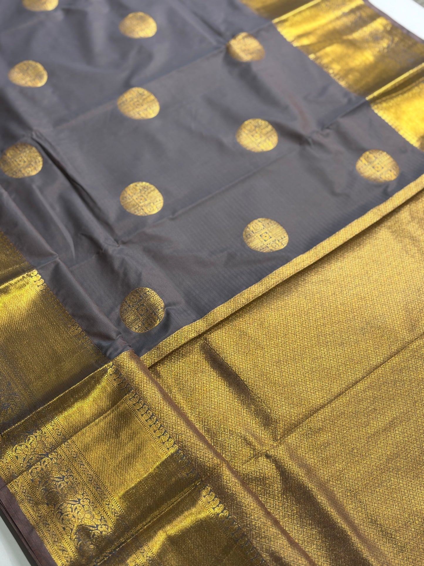Elegant Greyish Blue Kanchipuram Semi Silk Saree with Golden Pallu & Border