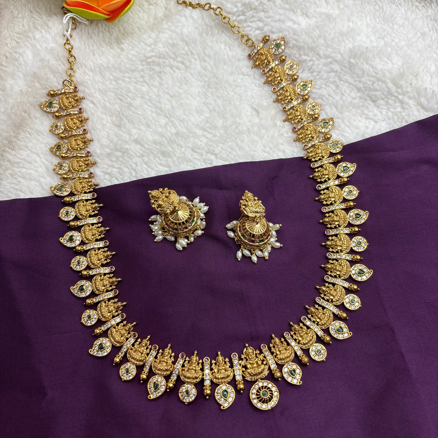 Coin Mango Design Long Haram Set – Matte Gold Finish with Kemp Stones