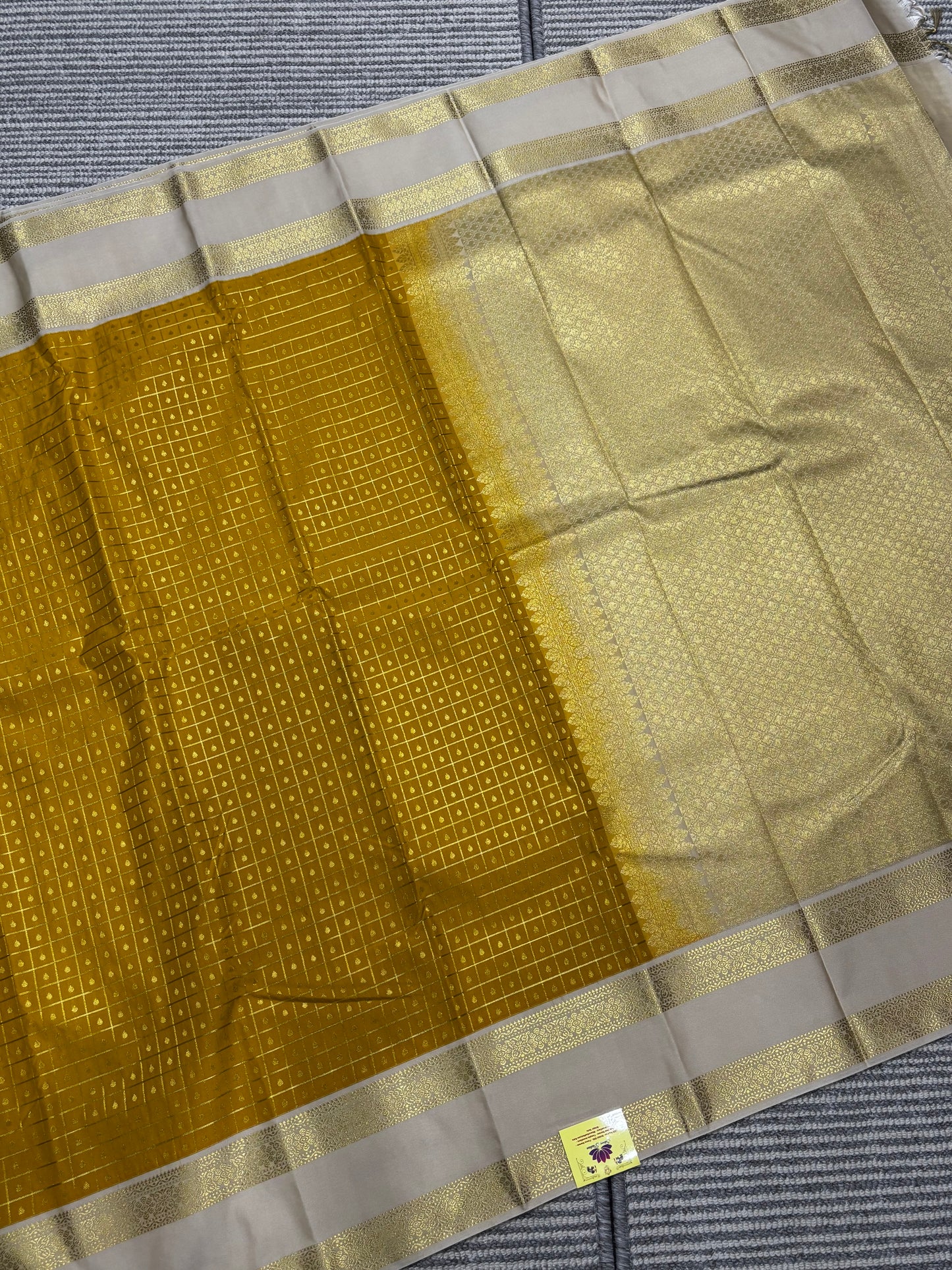 Elegant Semi Kanchipuram Saree – Mustard Body & Beige Gold Border