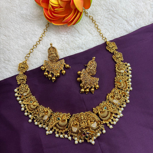 Divine Plume – Temple & Peacock Matte Gold Necklace Set