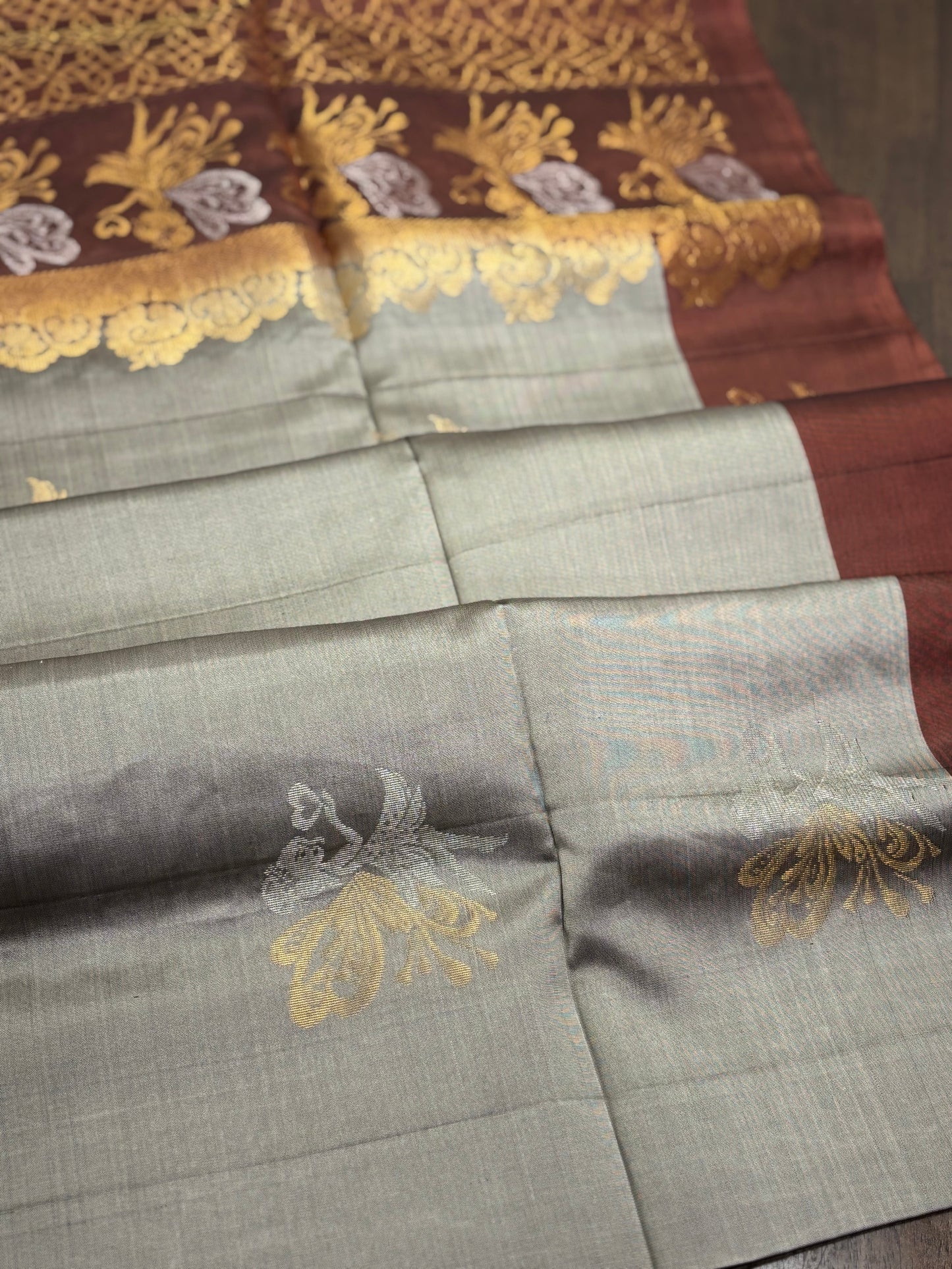 Grey and Brown Kanchipuram Silk Saree with Angel Butta