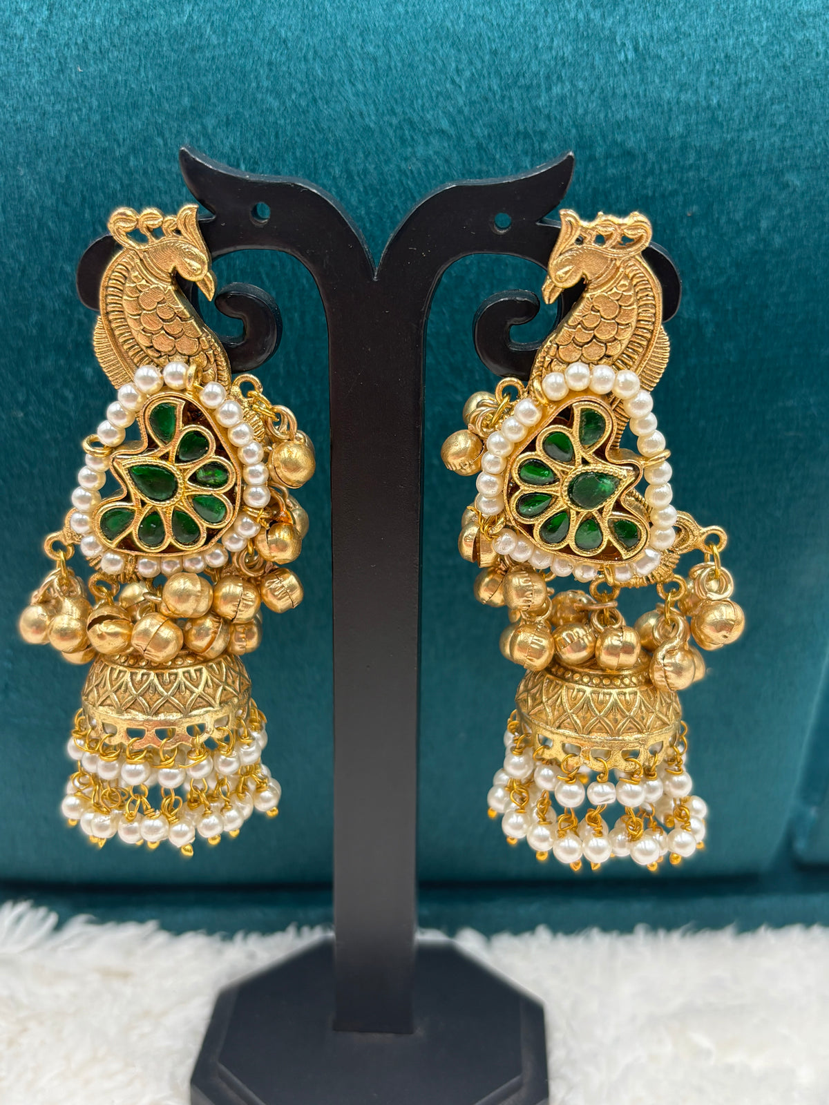 Peacock Kashmiri Earrings with Green Stones, Pearl Border & Carved Gold Dome Jhumka