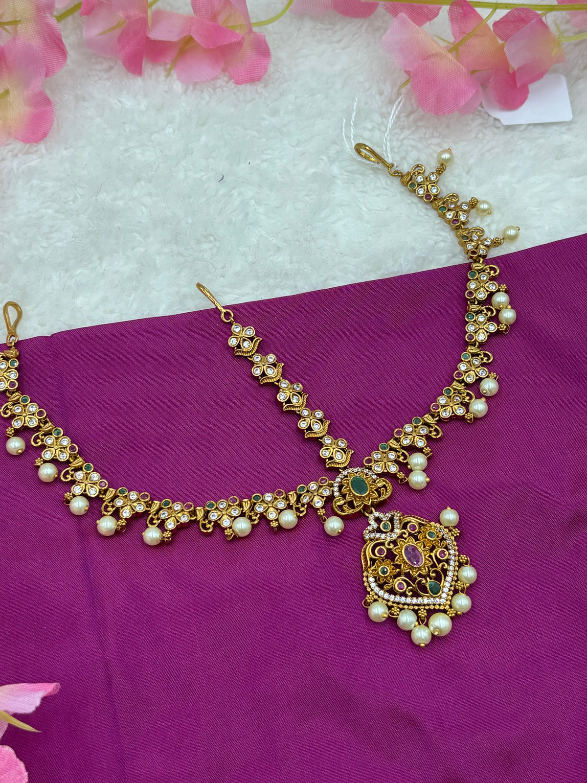 Antique Matte Gold Tikka – Three‑Layer Design with Pink & Green Stones
