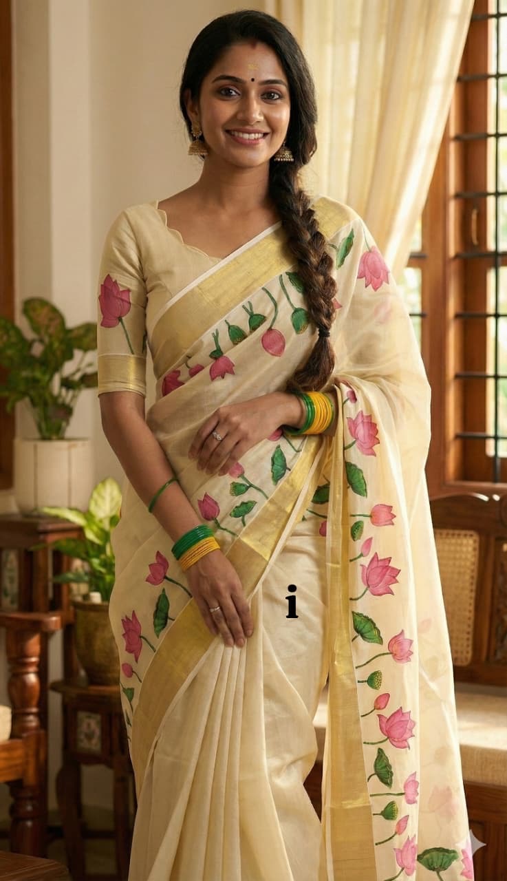 Premium Kerala Kasavu Saree in Floral Tissue Silk – South Indian Traditional Wear | Shrees Fashion