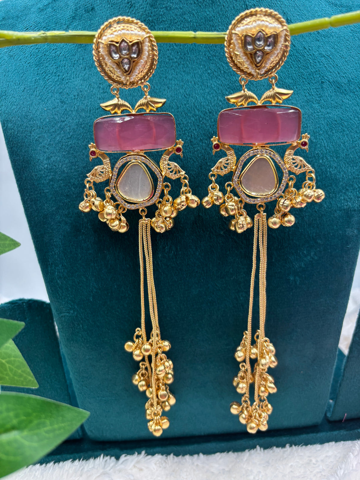 Modern Ethnic Kashmiri Earrings with Peacock Top & Gold Ghungroos