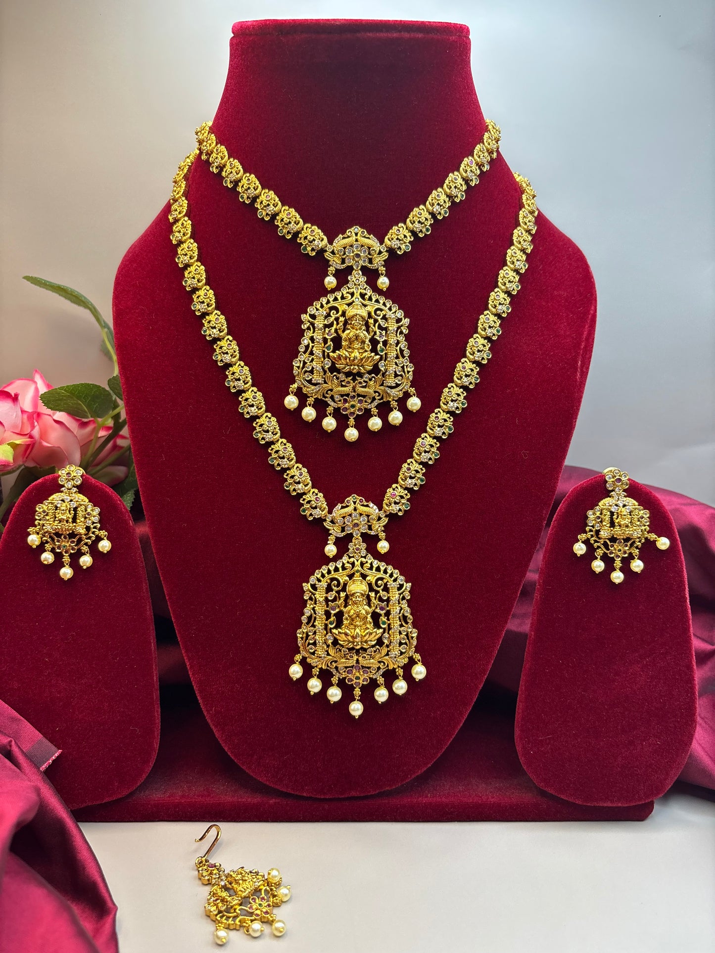 Beautiful temple design semi bridal sets with earrings and tikkas
