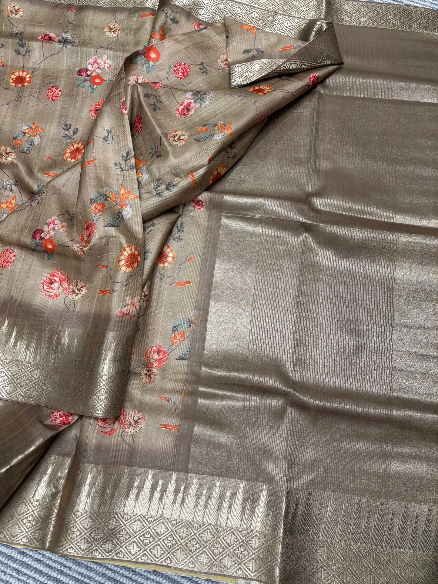 Elegant Light Brown Banarasi Tussar Saree Featuring Floral Print and Golden Border | Shrees Fashion