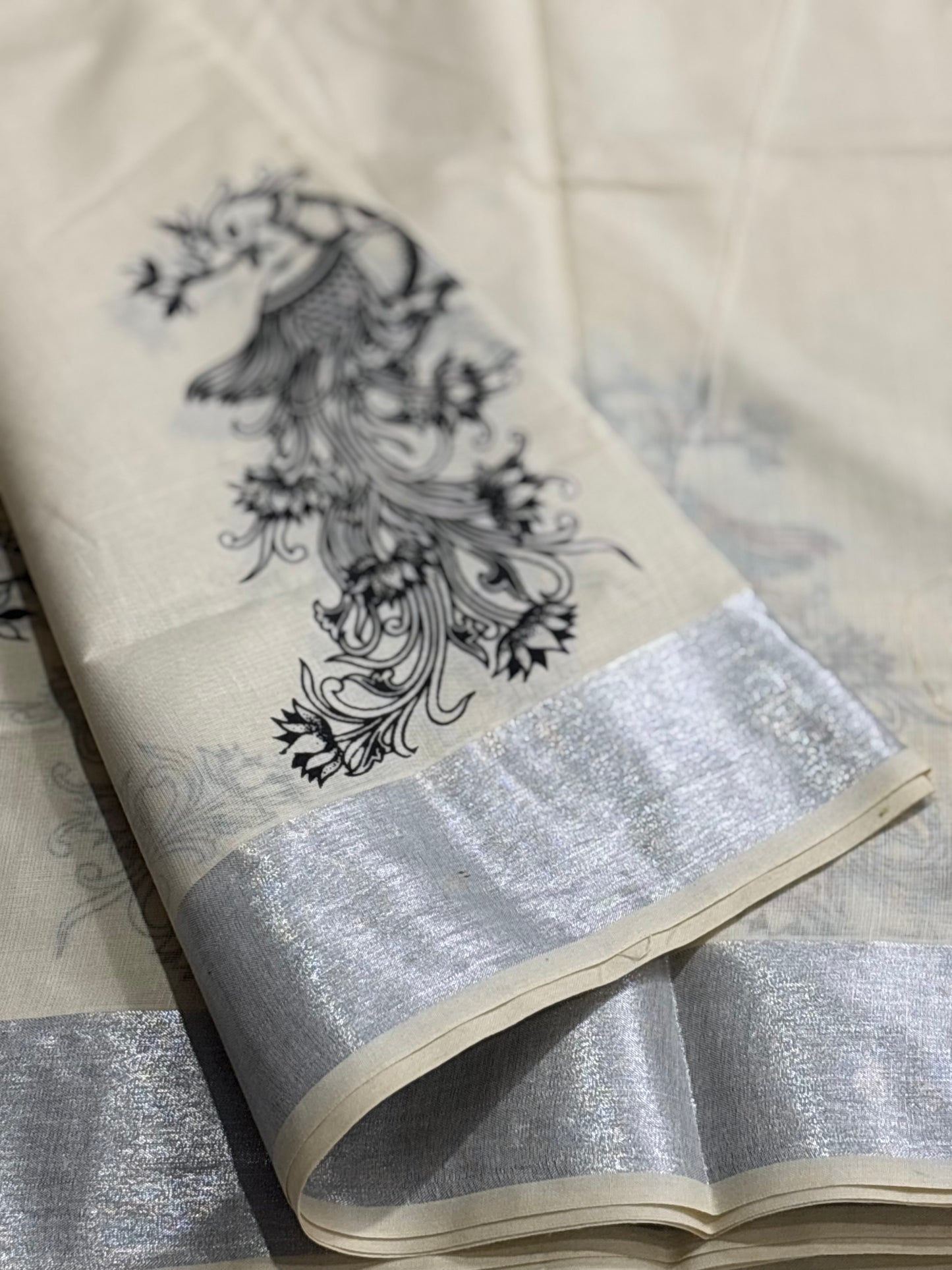 Kerala Kasavu Cotton Saree with Mural Art & Black Tassel Finish | Shrees Fashion