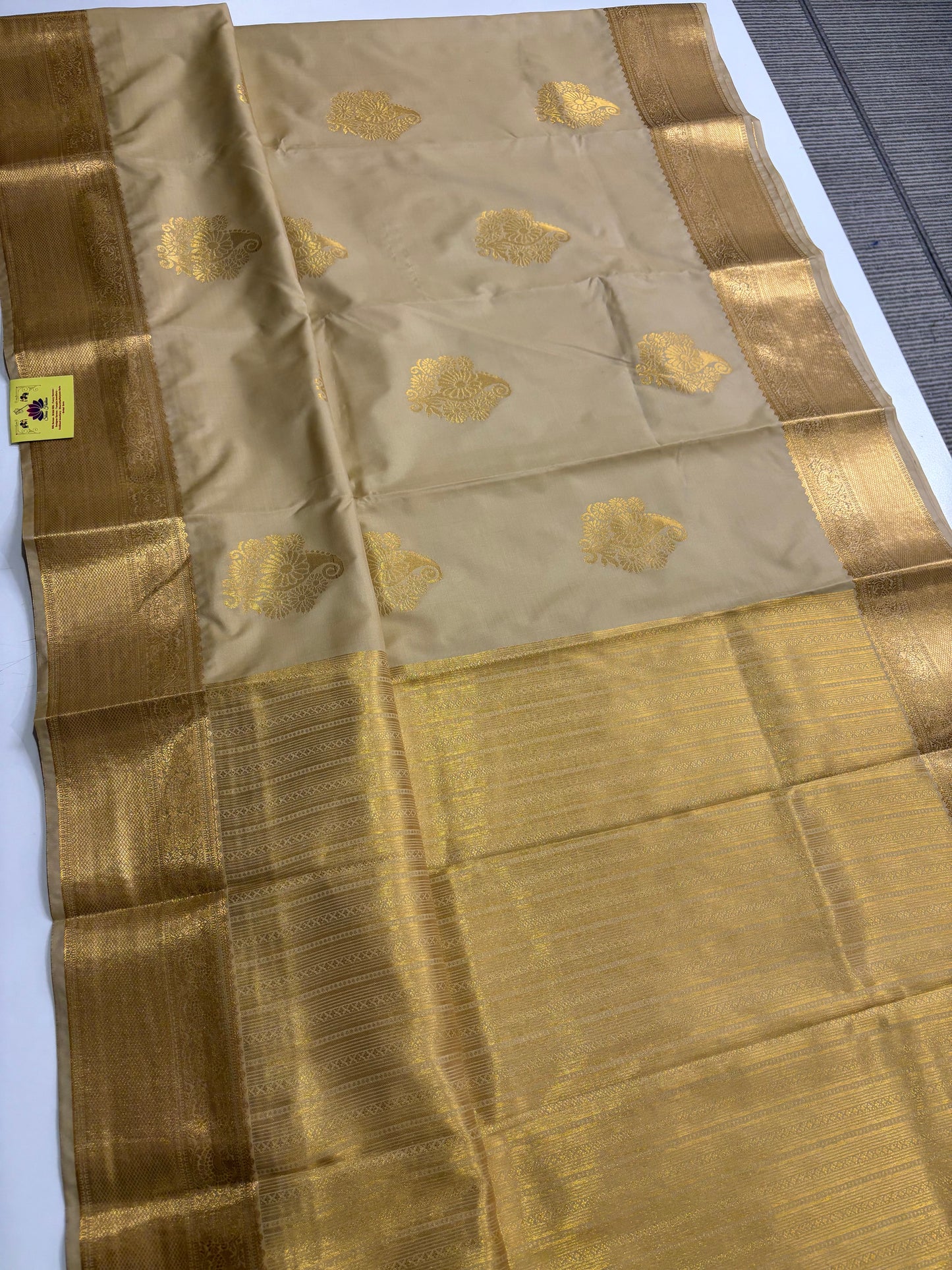 Elegant Beige Semi Silk Saree with Traditional Mango Butta