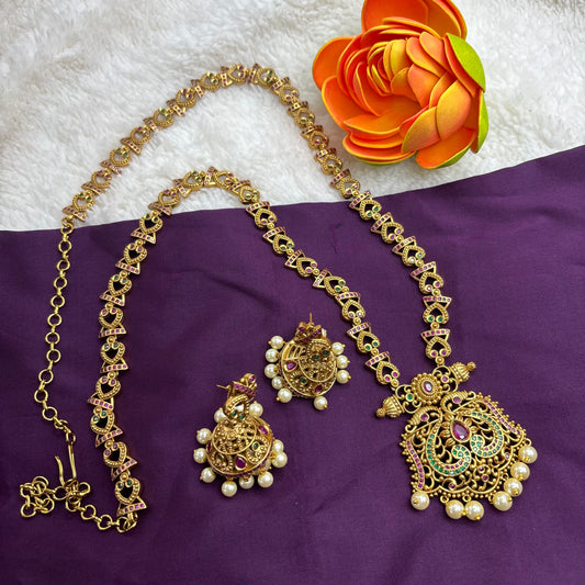 Regal Radiance – Matte Gold Finish Long Haram with Matching Jhumka Set