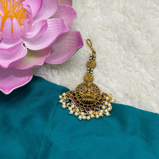 Temple Design Tikka with Kemp Stones, CZ Stones, and Pearls – Regal Elegance