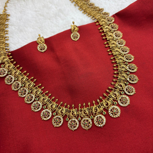 Matte Gold Haram – Coin & Peacock Motif Antique Finish Bridal Necklace