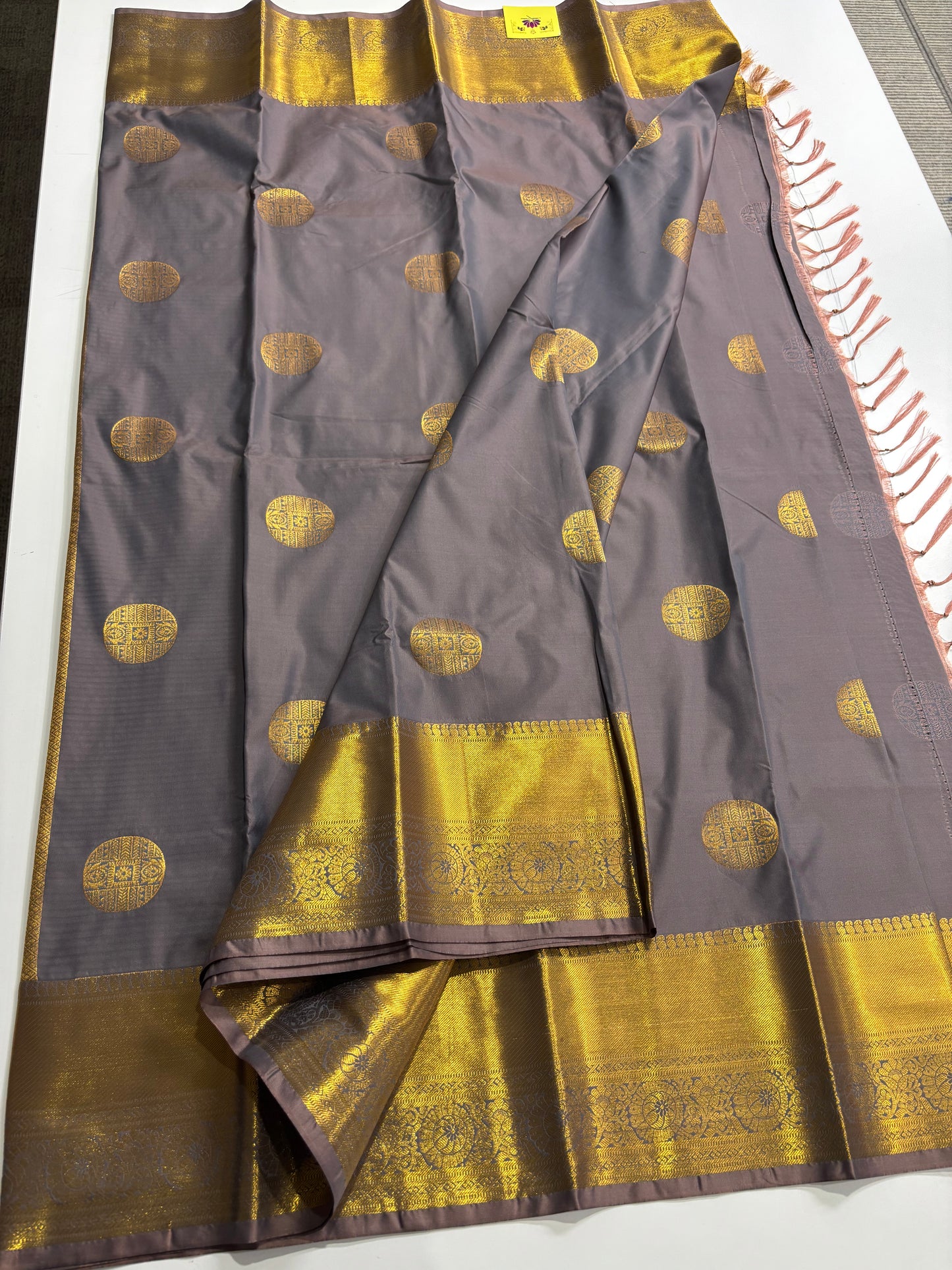 Elegant Greyish Blue Kanchipuram Semi Silk Saree with Golden Pallu & Border