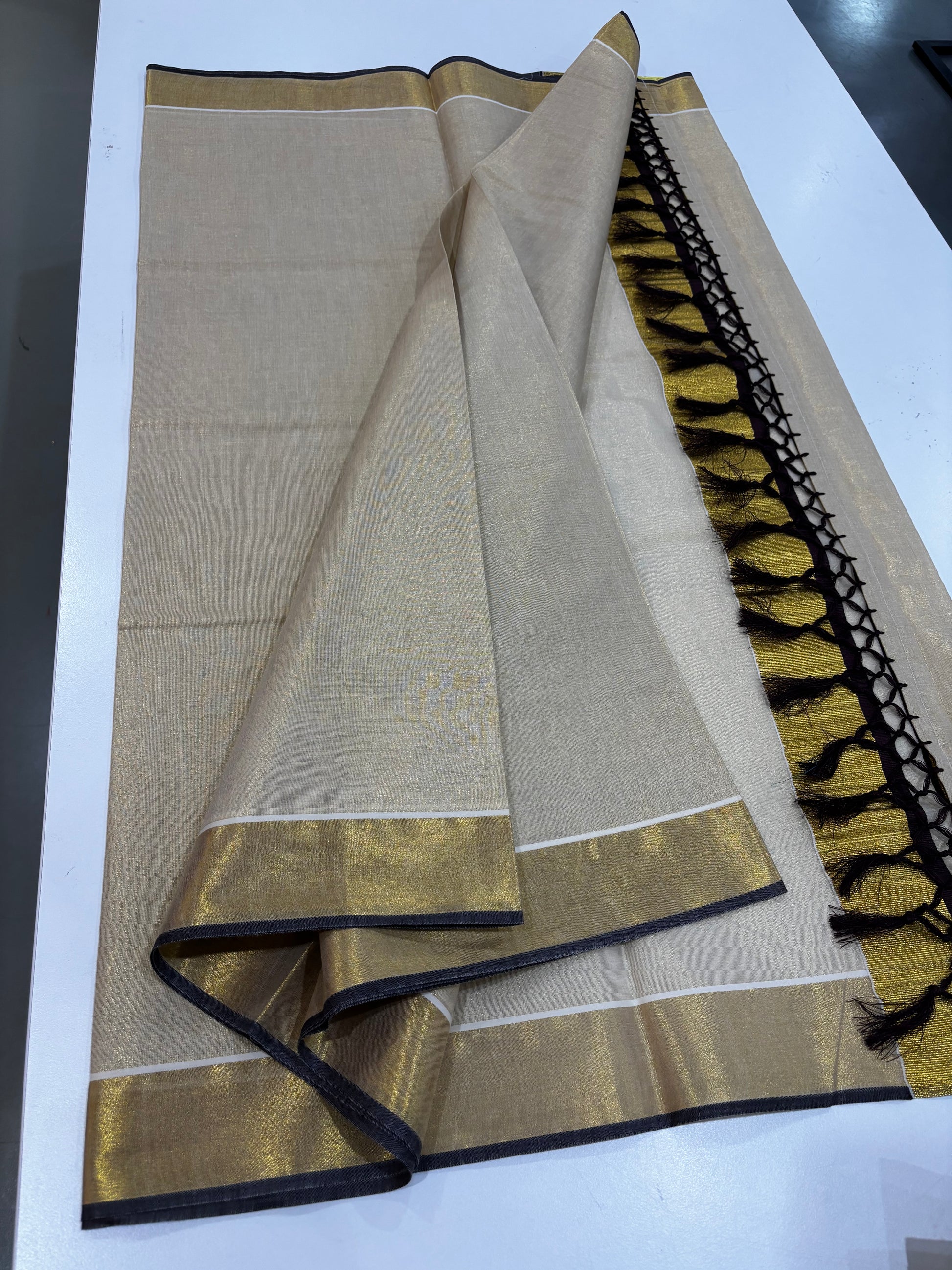 Kerala Kasavu tissue silk saree with coffee brown border and tassels – view 2