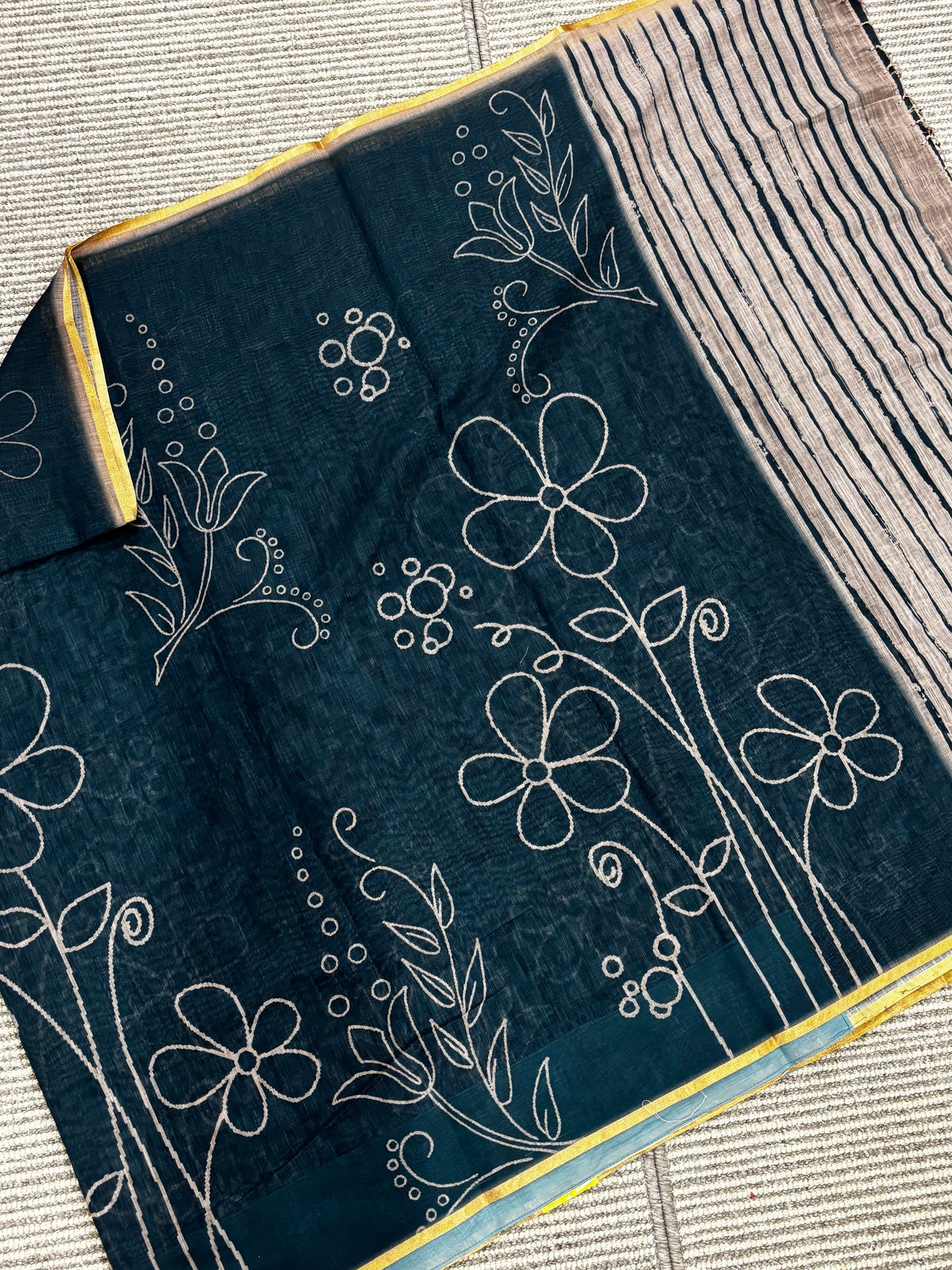 Elegantly Ink Blue Linen Cotton Saree with White Floral Print, Golden Contrast Border & Printed Blouse Piece