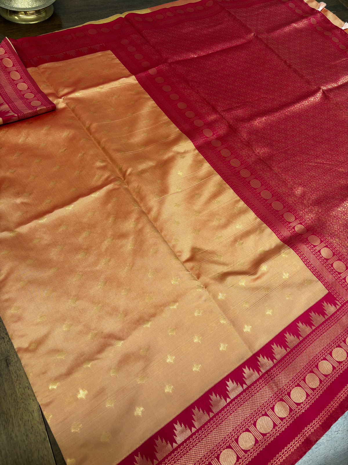 Beautiful Peach Gold Saree with Rani Pink Temple Zari Border & Blouse Piece Included