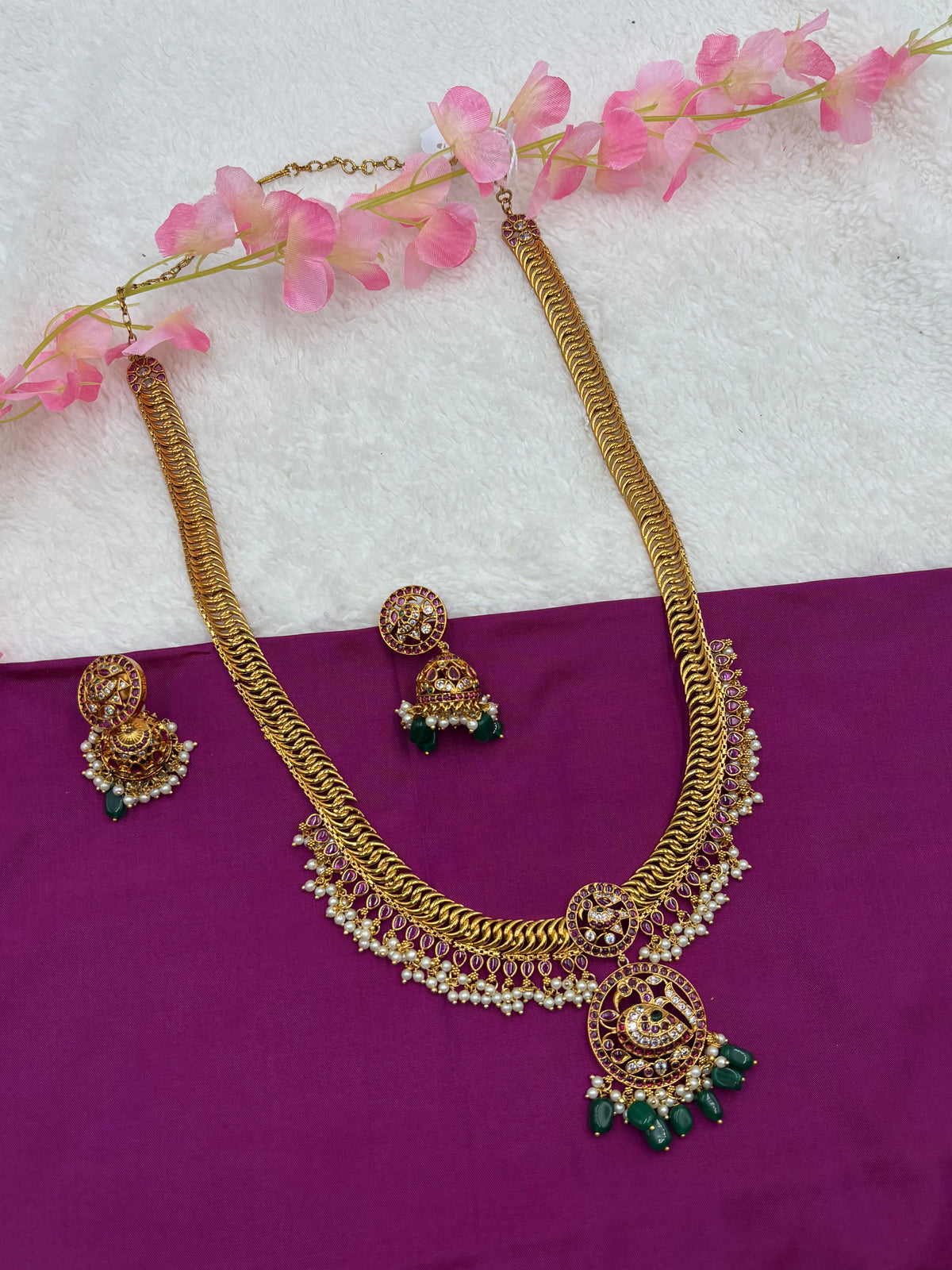 Premium Temple Long Haram Set – Gold Finish with Ruby & Green Stones