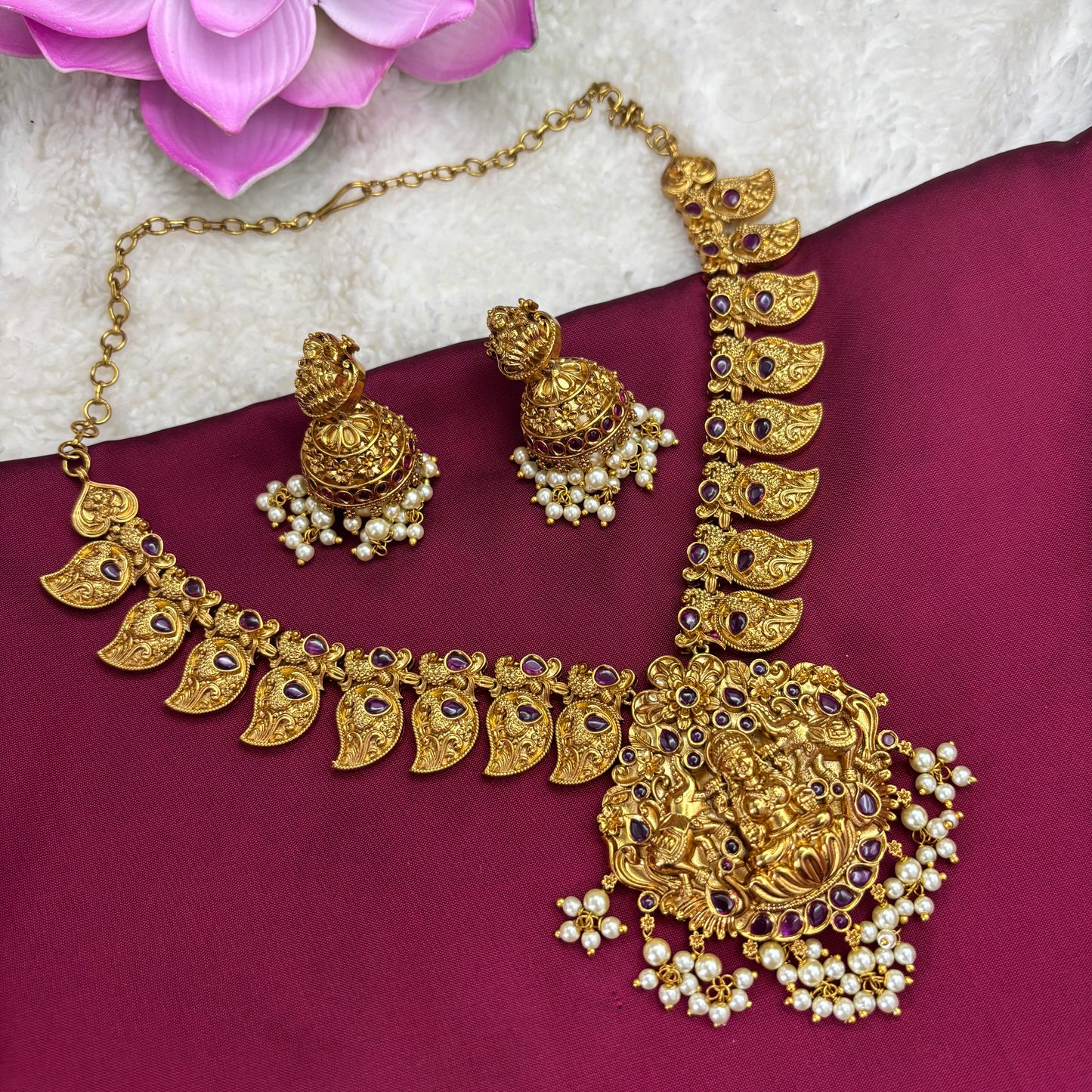 Sacred Bloom – Temple & Mango Design Necklace Set with Pink Stones and Jhumkas