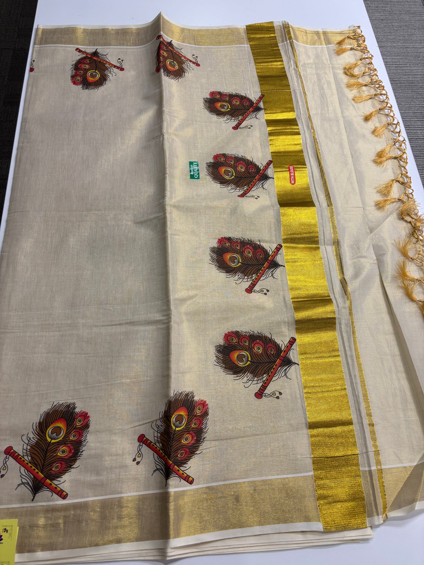 Kerala Kasavu tissue silk saree with peacock feather and flute motifs – view 2
