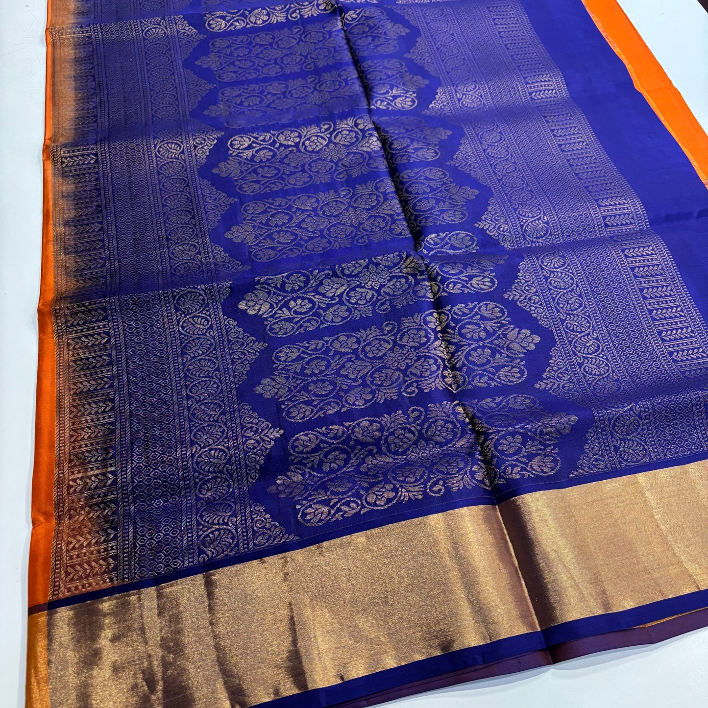 Pure Kanchipuram Silk Saree – Burnt Orange with Vibrant Blue Contrast