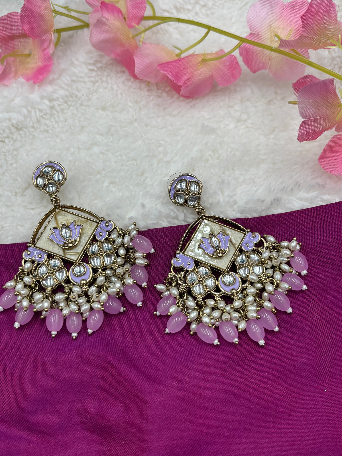 Antique Finish Kundan Earrings with Lavender Meenakari, Pearls & Light‑Lavender Beads