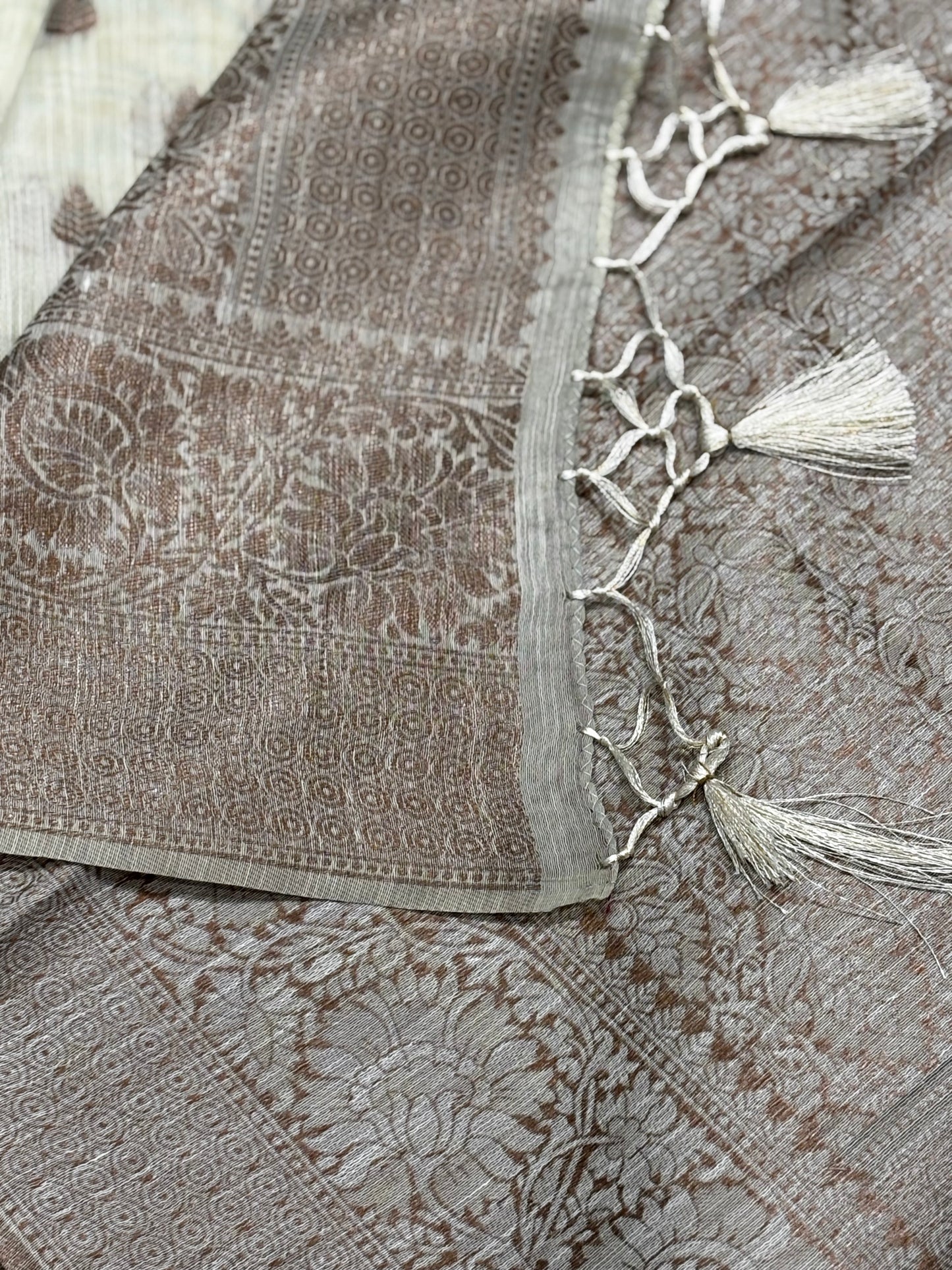 Elegant Beige Pure Tussar Saree with Brown Brocade Pallu & Antique Zari Border