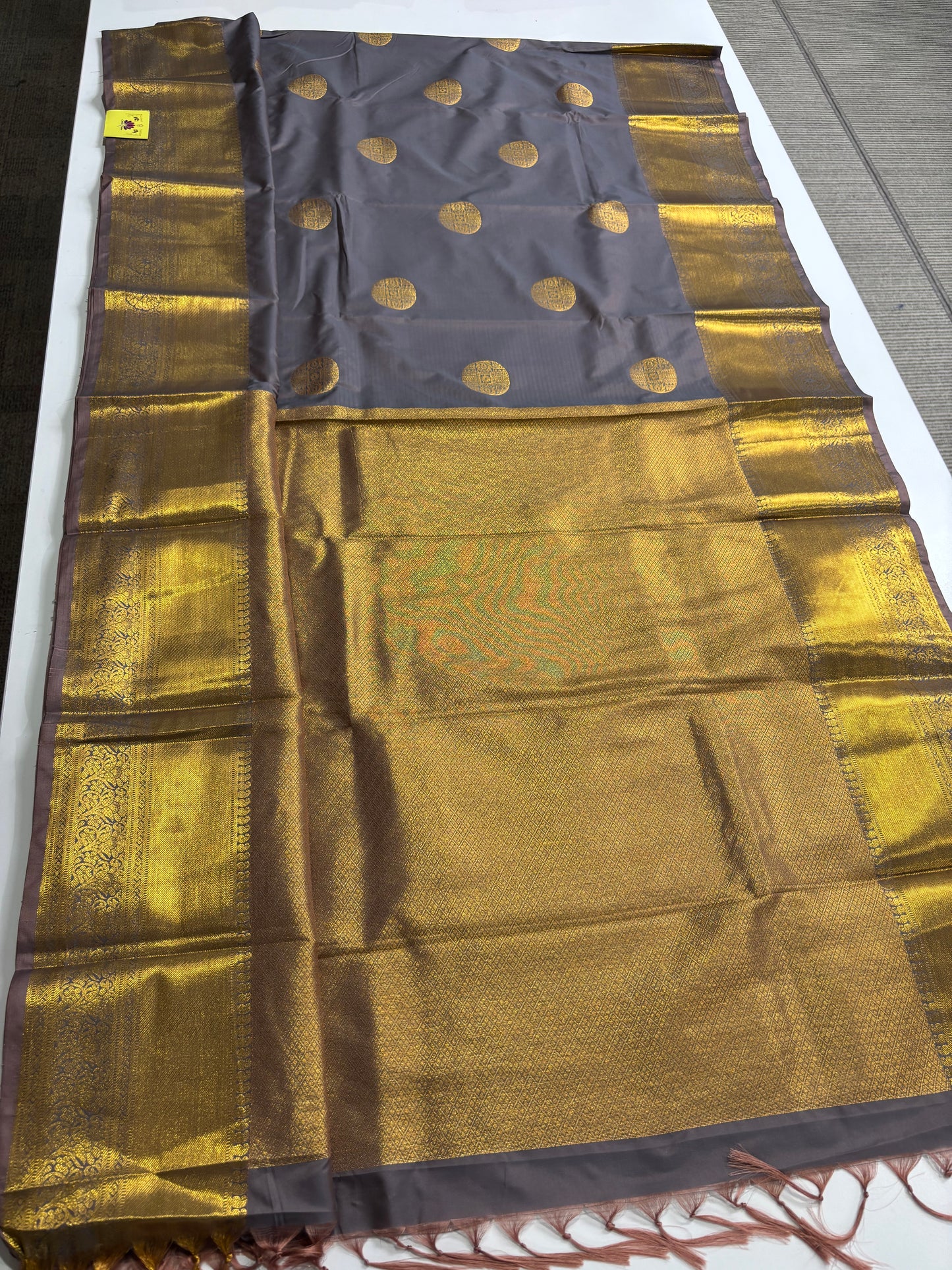 Elegant Greyish Blue Kanchipuram Semi Silk Saree with Golden Pallu & Border
