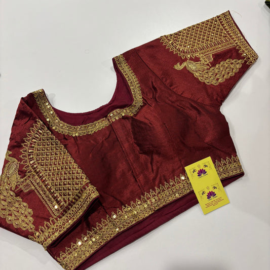Brick Red Designer Blouse – Gold Embroidery for Festive Glam