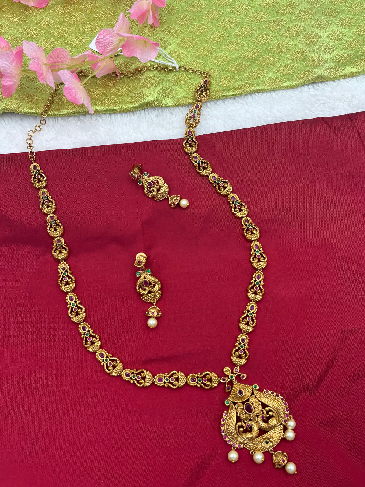 Premium Matte Gold Finish Temple Long Haram Set with Ruby & Pearl Detailing