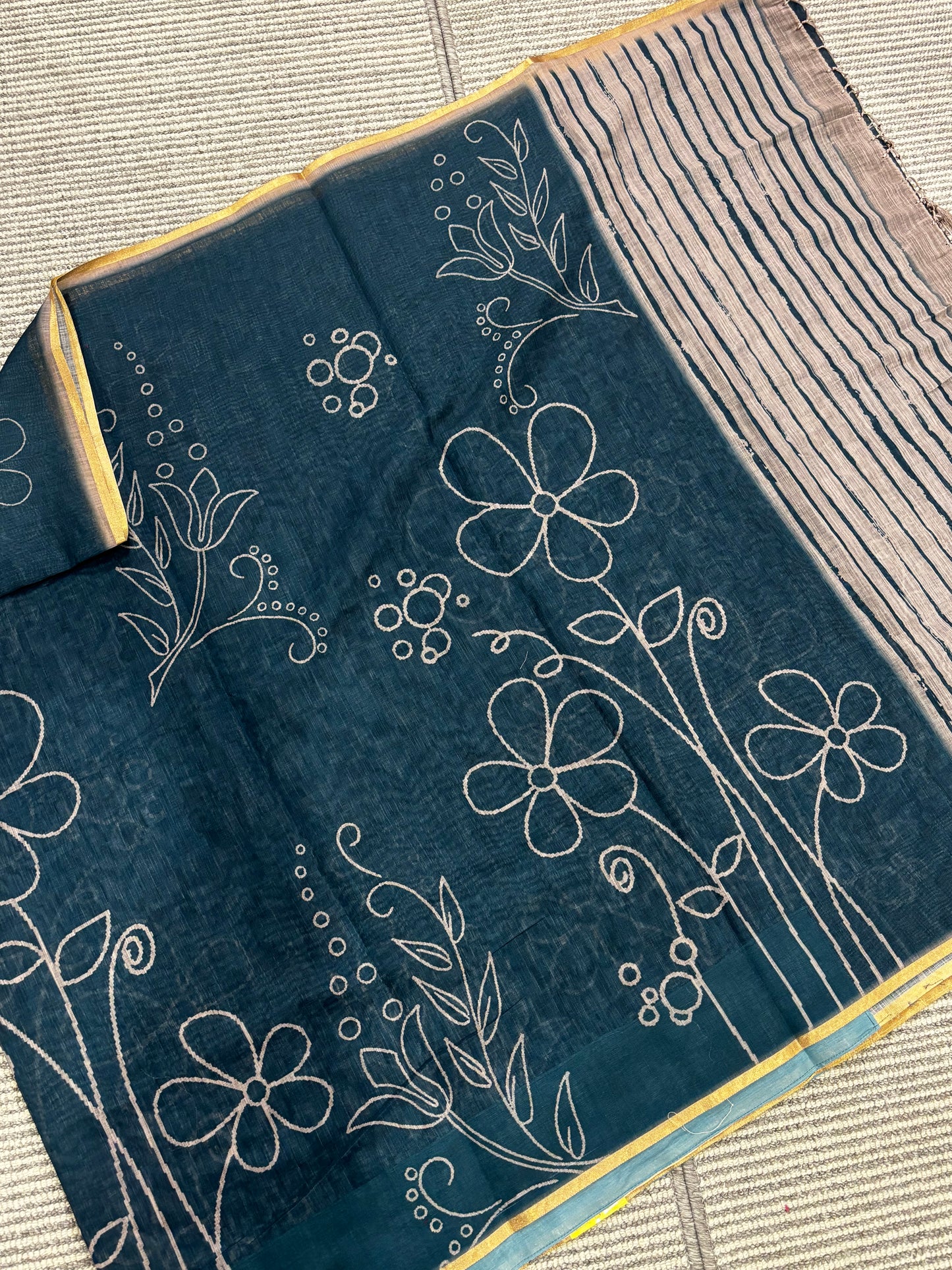 Elegantly Ink Blue Linen Cotton Saree with White Floral Print, Golden Contrast Border & Printed Blouse Piece