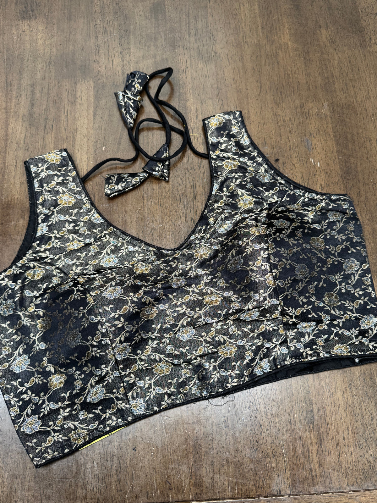 Premium Black Brocade Blouse with Classic Gold Detailing