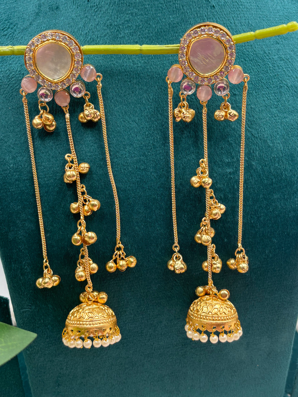 Three‑Layer Kashmiri Earrings with Kundan, Peach Beads & Pearl‑Edged Jhumka