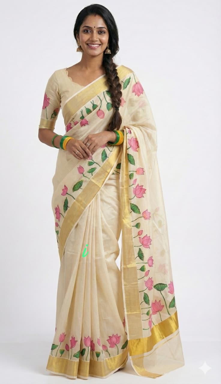 Premium Kerala Kasavu Saree in Floral Tissue Silk – South Indian Traditional Wear | Shrees Fashion