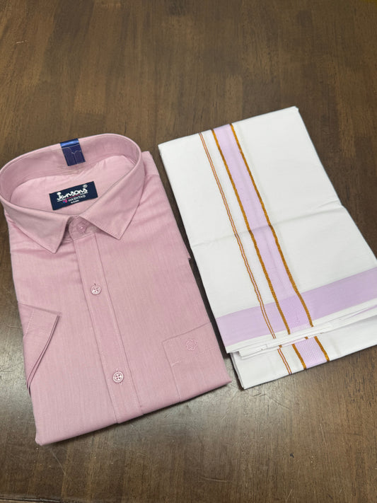 Soft Light Pink Half Sleeve Shirt with White Veshti and Harmonised Pink‑Gold Traditional Border