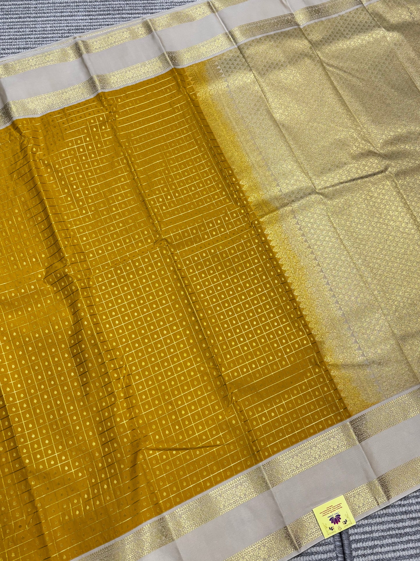 Elegant Semi Kanchipuram Saree – Mustard Body & Beige Gold Border