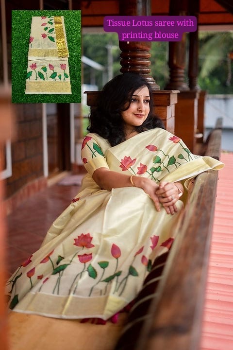 Premium Kerala Kasavu Saree in Floral Tissue Silk – South Indian Traditional Wear | Shrees Fashion